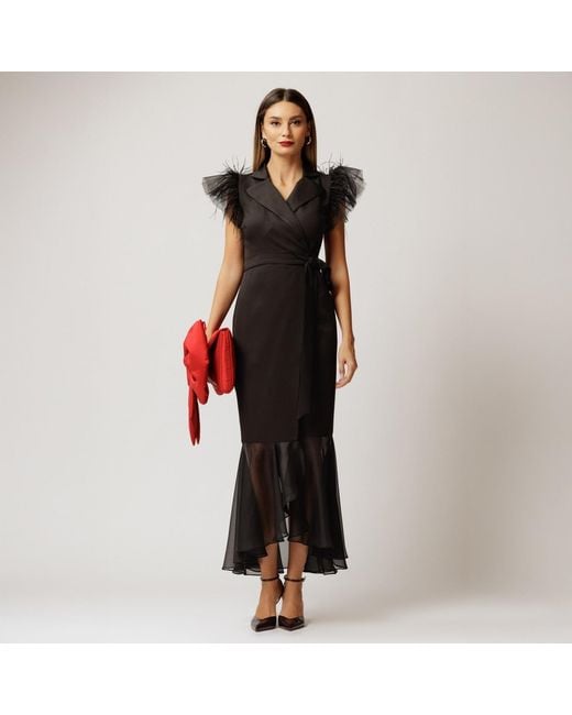 concept A trois Black Long Blazer Wrap Dress With Tulle And Soft Veil