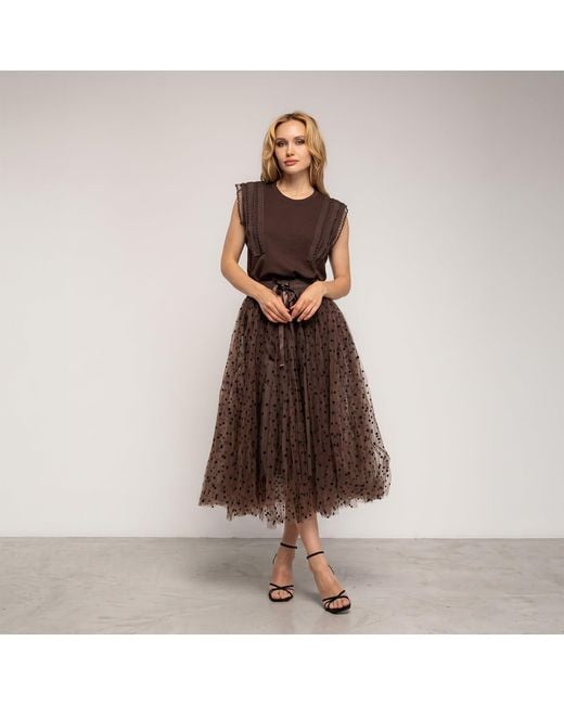 Tantra Spain Sl Brown Polka-Dot Tulle Midi Skirt, A-Line Cut, Elastic Waistband With A Bow