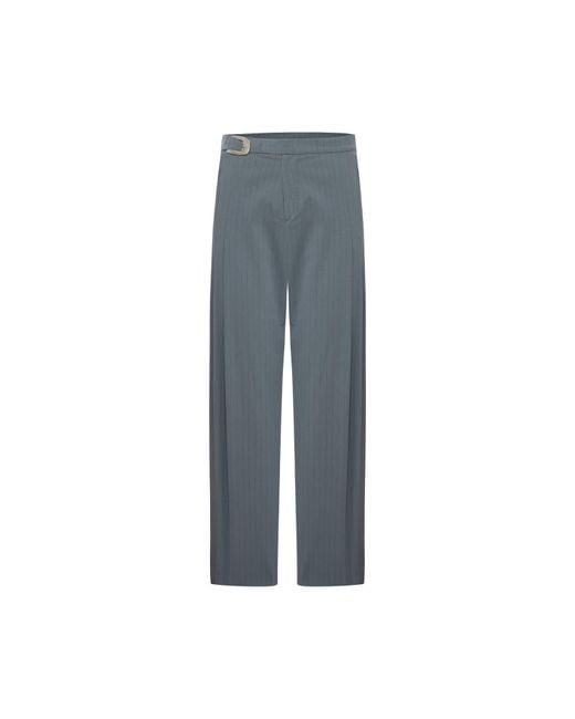 Pcfg Blue Cotton Blend Striped Woven Pant With Belt for men