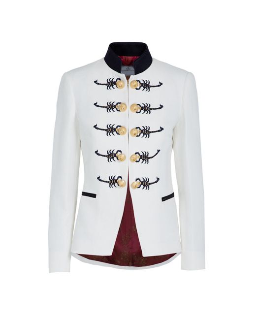 The Extreme Collection White Scorpion Embroidered Ecru Cotton And Linen Blazer With Mao Collar And Golden Buttons Dundee