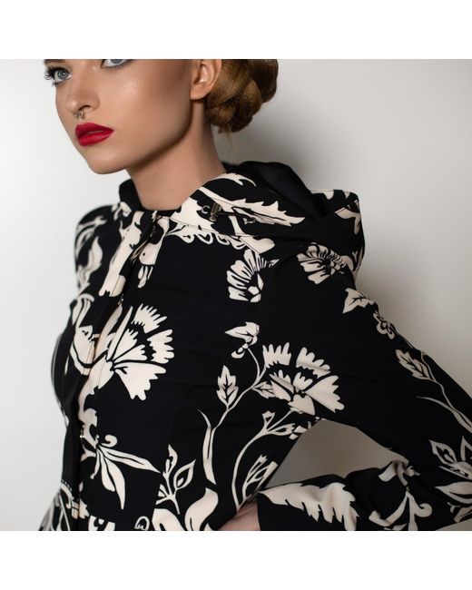 RainSisters Hooded Black And White Waterproof Women's Coat With Floral Print: Blooming Night