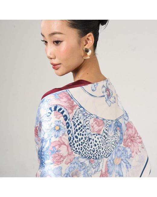 Silk and Bears Blue Leopard & Floral Silk Twill Scarf – Printed Mulberry Silk, Gift For Her