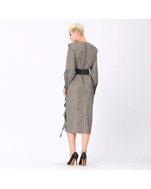 Smart and Joy Gray Tailor Dress With Wide Shoulder And Vertical Ruffle