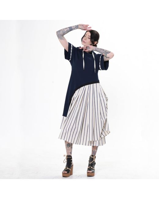 Metamorph Blue Hooded Asymmetric Dress With Striped Skirt