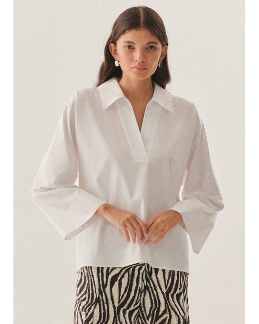 Exquise White Lucia Collared Poplin V-Neck Blouse