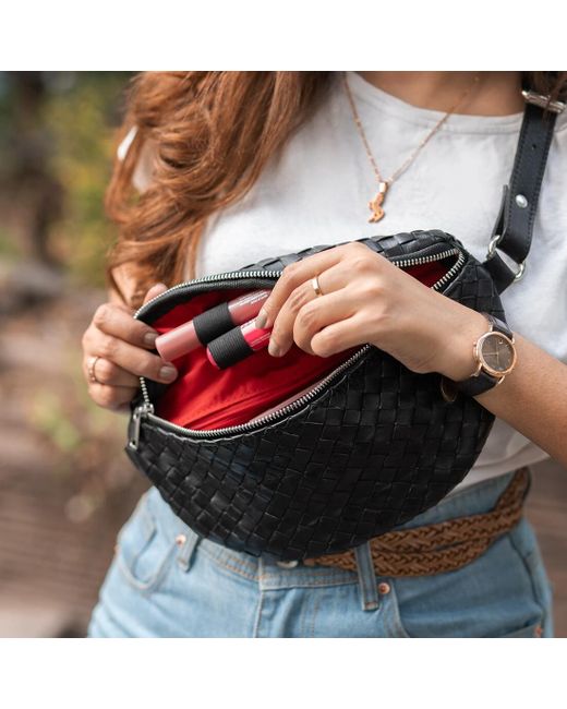 Hides Leather Co. Red Nexus Woven Leather Belt Bag, Minimal Waist Purse With Lining