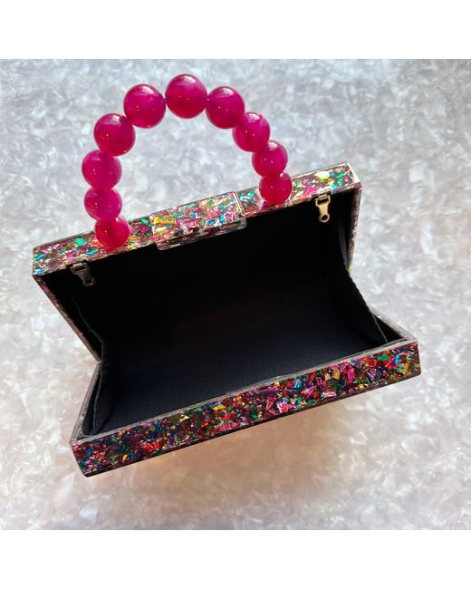 CLOSET REHAB Red Acrylic Party Box Purse In Multicolor Glitter With Beaded Handle
