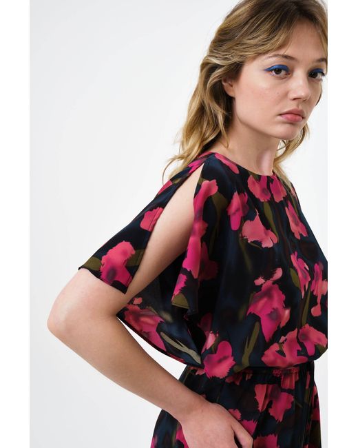 Louche Purple Basford Watermark Floral Print Cape Sleeve Midi Dress
