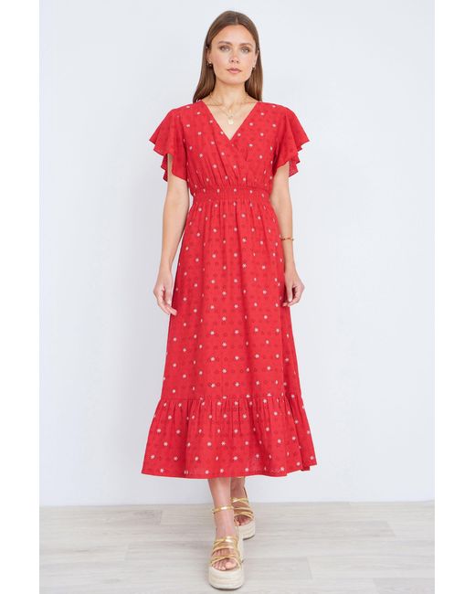 Yumi' Red Broderie Anglaise Wrap Midi Dress With Flower Embroidery