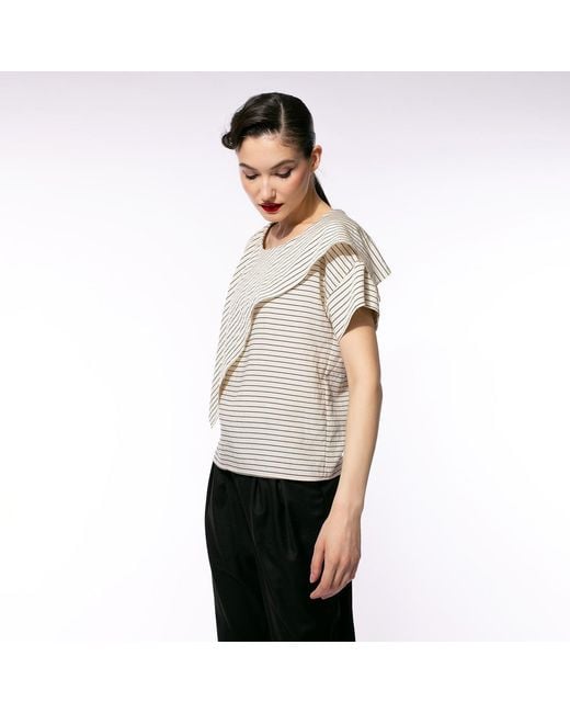 Larisa Dragna Natural Neutrals Echo Stripe Blouse With Draped Scarf