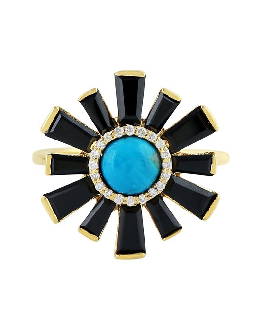 Artisan Multicolor 18k Yellow Gold Diamond Flower Ring Spinel Chrysocolla Handmade Jewelry