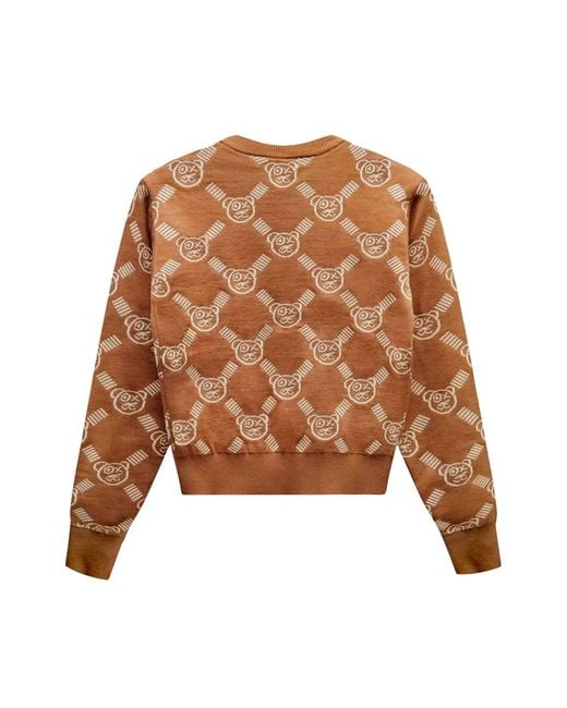 X Ilona Blue Brown Neutrals Graffiti Teddy Bear Cafe Cream Reversible Jacquard Knit Sweater