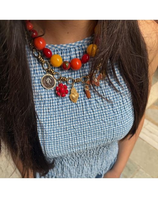 Achala Handcrafted Metallic Coral Charm Necklace With Cat Eye Bee Charm & Coin Charm