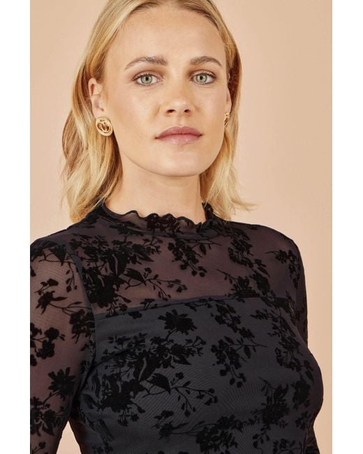 Yumi' Black Flocked Floral Stretch Mesh Top With Long Sleeves