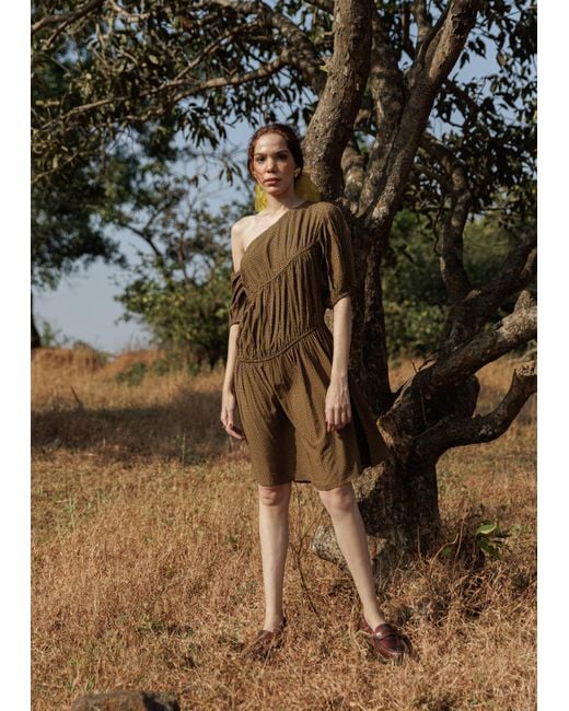 Maison Qala Brown Ochre Bloom Midi Dress