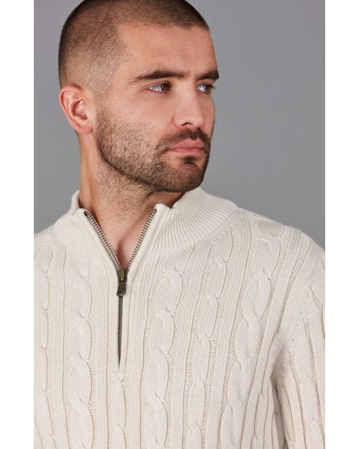 Paul James Knitwear Natural Neutrals Midweight Romano Cotton Cable Zip Neck Jumper for men