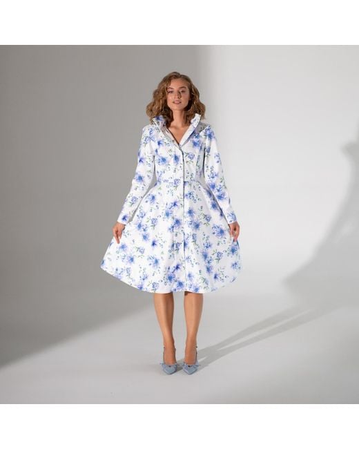 RainSisters Blue Knee Length Coat With Flower Print: Floral