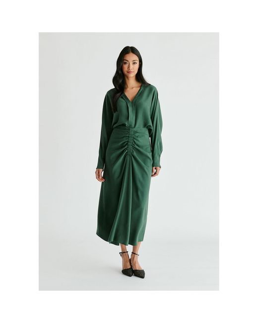 Paisie Green Ruched Front Midi Skirt