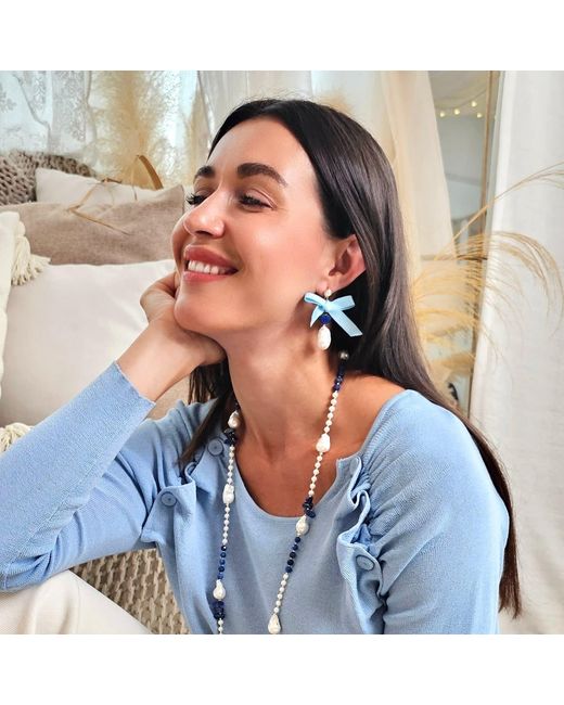 Farra Blue Baroque Pearl With Lapis And Silk Bowknot Earrings