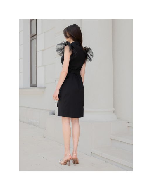 concept A trois Black Short Wrap Blazer Dress With Winged Tulle Sleeves