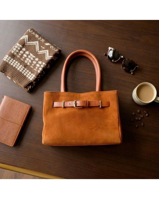 Harmain Leathers Ltd Brown The Suede East-West Buckle Tote Bag – Cognac Tan