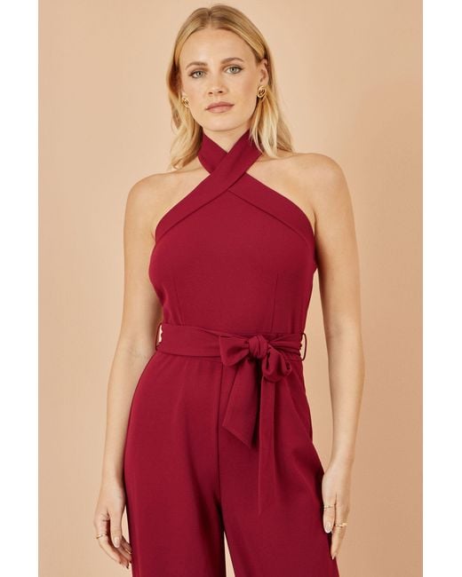 Yumi' Red Burgundy Cross Over Halter Neck Jumpsuit