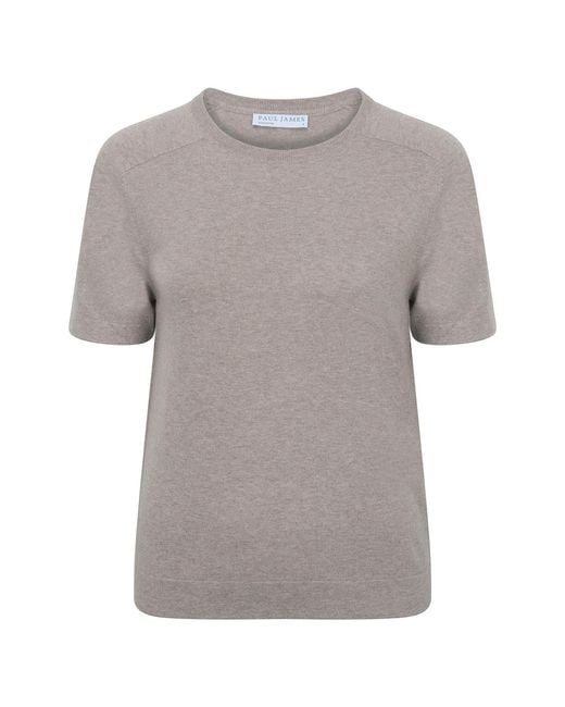 Paul James Knitwear Gray Neutrals Ultra Fine Cotton Cassie Saddle Shoulder Knitted T-Shirt