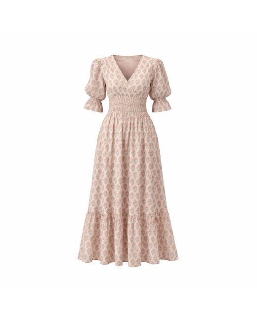 House of Gl Pink Neutrals Lilienne Hand-Block Printed Smocked Midi Dress