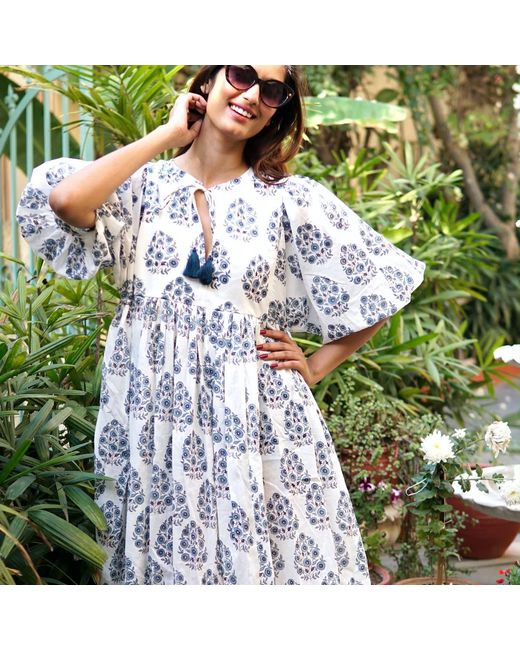 La Mandarine Blue Block Printed Cotton Summer Dress With Pockets, Valerie Midi Dress