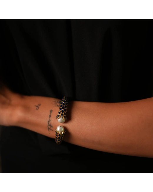 Ebru Jewelry Metallic Cleopatra Sapphire & Pearl Chunky Cuff Bracelet