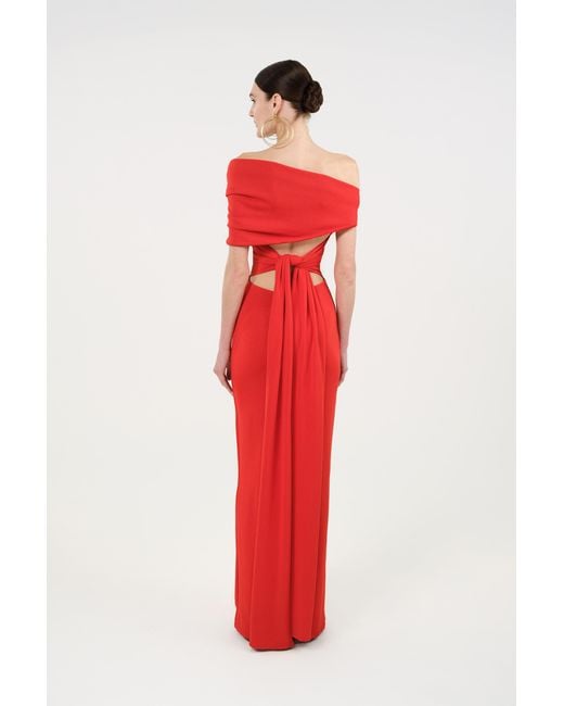 Nocturne Red Asymmetric Strapless Maxi Dress