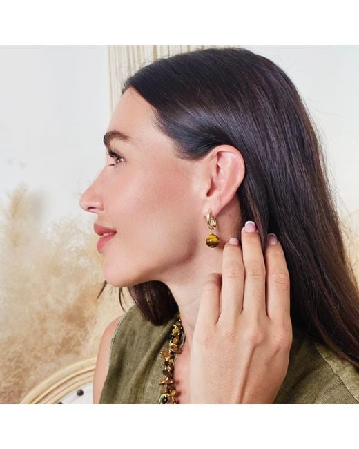 Farra Metallic Tiger-Eye Stone Dangle Modern Hoop Earrings