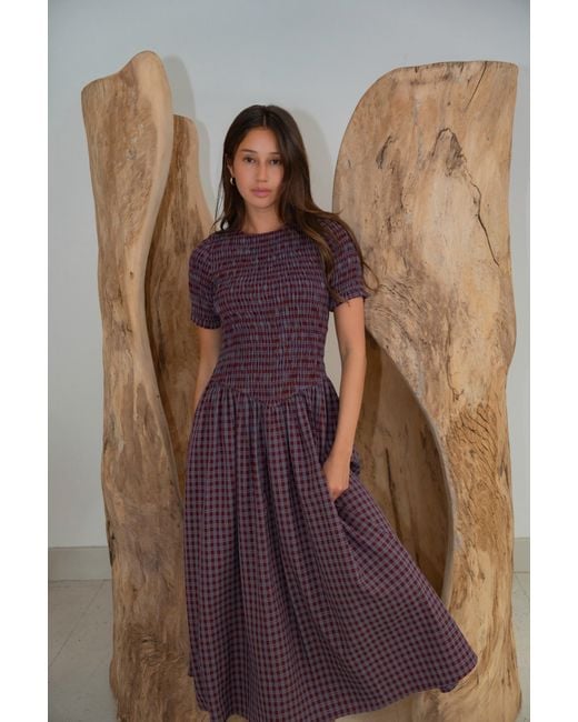 Amy Lynn Purple Beatrix Smocked Grape Plaid Midi Dress