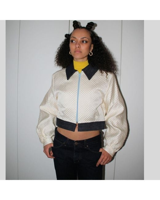 Couture to Your Door Blue Neutrals Ivory Waffle Upcycled Bomber Jacket