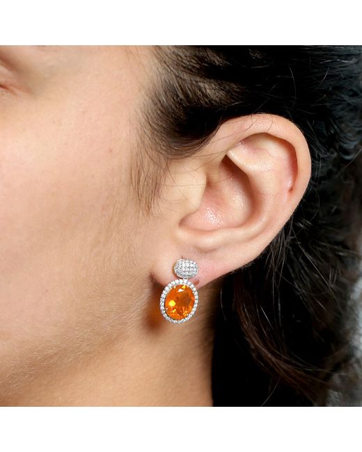 Artisan Orange Oval Shape Fire Opal & Pave Natural Diamond In 14k Gold Antique Dangle Earrings