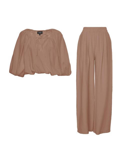 BLUZAT Brown Camel Linen Matching Set With Flowy Blouse And Wide Leg Trousers