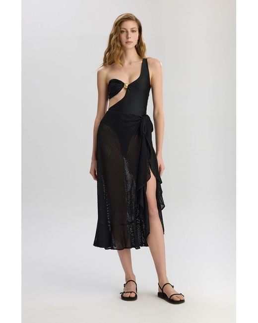 Lilamie Black Carmen Elastic Waist Asymetric Cut Beach Skirt