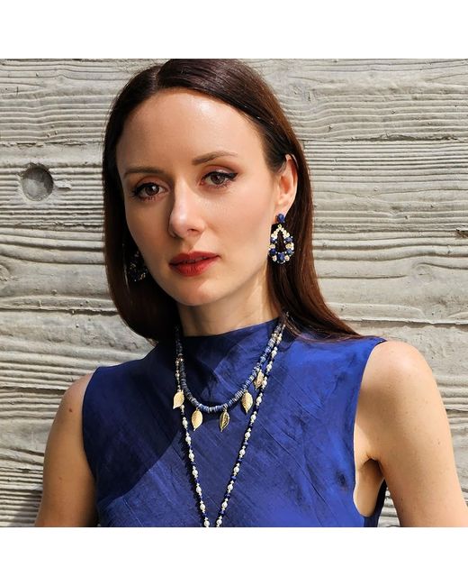 Farra Blue Bohemian Style Sodalite With Leaves Charms Statement Necklace