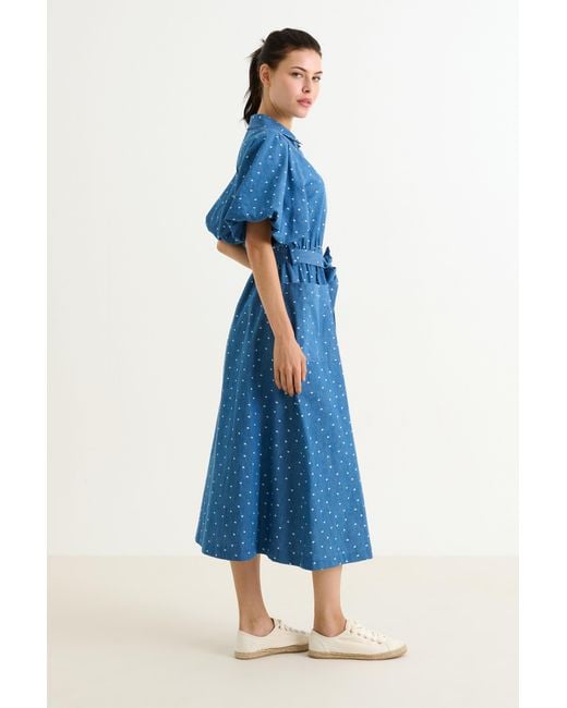 Louche Blue Lola Flower Dot Print Balloon Sleeve Shirtdress