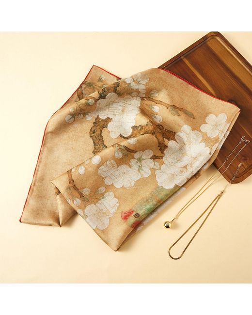 Soft Strokes Silk Metallic Pure Silk Scarf Painting Parrot And Insect Among Pear Blossoms