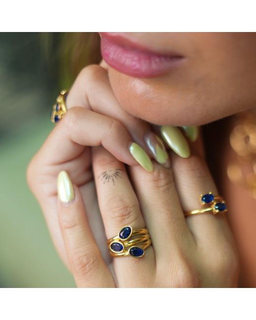 Ebru Jewelry Metallic Trio Sapphire Gemstone & Stylish Adjustable Cocktail Ring