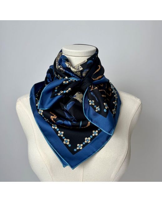 Wenzi Blue Midnight Roses Hand Painted Pattern Double Sided Silk Twill Scarf