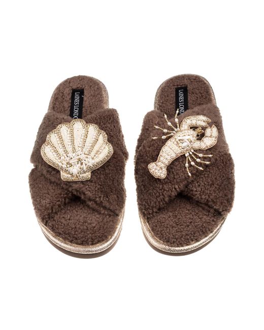 Laines London Brown Neutrals Laines Neutral Boucle Slippers With Pearl Shell & Lobster Brooches
