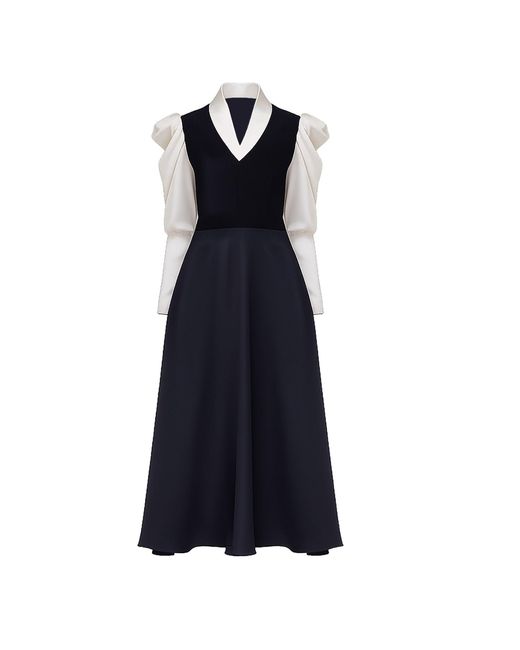 Julia Allert Blue Elegant Satin V-Neck Long Sleeve Midi Dress –