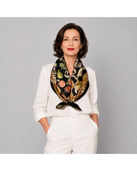 Wenzi Metallic Neutrals Fruitful Elegance Sand Hand Painted Pattern Double Sided Silk Twill Scarf