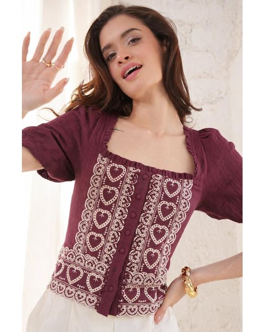 Rose & Nancy Red Harri Heart Burgundy Short Sleeve Top
