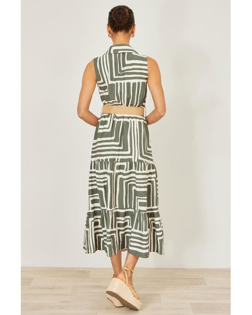 Yumi' Green Viscose Geo Print Midi Shirt Dress With Matching Belt