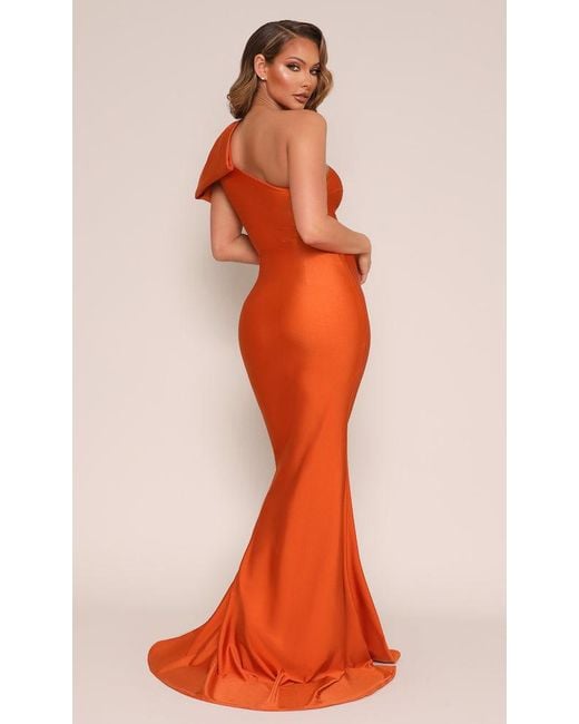 Moda Glam Orange Jersey One-Shoulder Bow Gown- Burnt