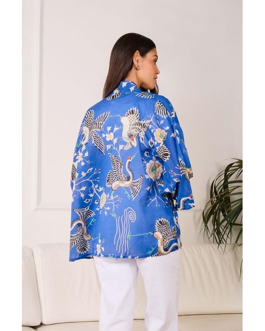 Artemis Muse Blue Electric Dynastic Bird Print Light Weight Kimono