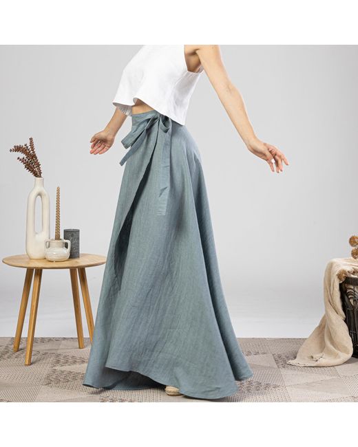 Nikka Place Blue Summer Beach Linen Wrap Skirt With Tie